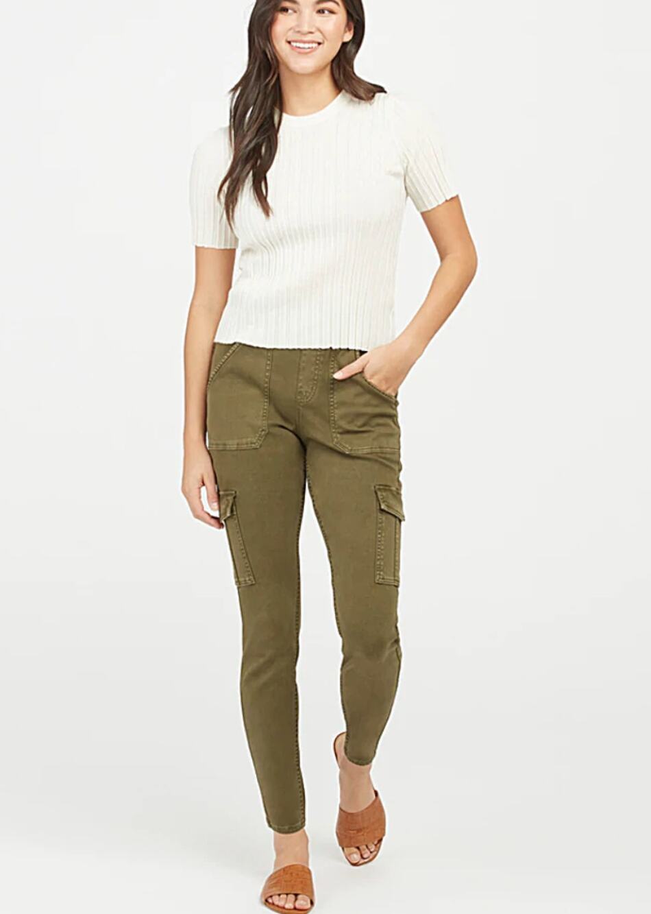 SPANX Stretch Twill Ankle Cargo Pant Darkened Olive Green 20311Q Shaping XS